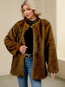Luxurious brown faux fur coat for women, mid-length warm winter outerwear with black tipping