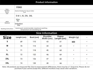 Detailed size chart for men's faux fur jacket with chest measurements and washing instructions