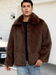 Men's dark brown faux fur jacket with wide lapel collar and plush texture outdoors