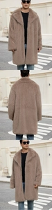 Vertical collage showing front and back views of a long brown faux fur coat for men