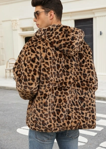 Rear view of an oversized leopard print faux fur hoodie for men with plush texture