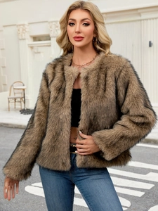Kurze braune Kunstpelzjacke für Damen mit langer Plüschtextur und offener Front