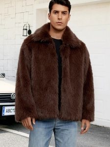 Detailed view of men's dark brown faux fur jacket with lapel collar and glossy texture