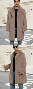 Close-up of thick grey-brown faux fox fur coat with classic lapel for winter warmth