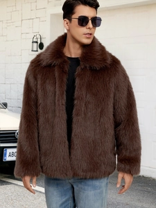 Close-up detail of a brown faux fur jacket for men with a wide lapel collar and soft texture