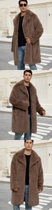 Three-panel view of men's long brown faux fox fur coat with wide lapels for winter warmth