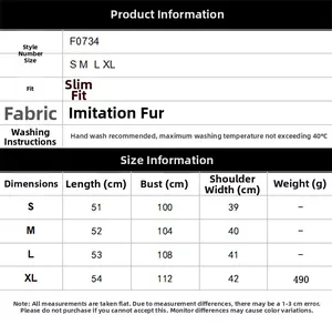 Detailed size chart for faux fur vest showing length, bust, and shoulder measurements