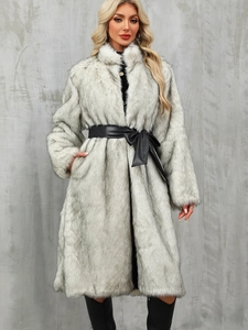 Women's faux fur long coat in light grey with thick collar and black leather tie belt