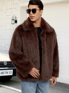 Detail of premium brown faux fur jacket with lapel collar for men in outdoor street style