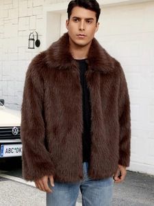 Detailed texture of brown faux fur jacket for men with a stylish lapel collar