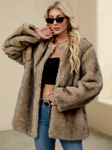 Women's faux fur oversized coat in brown camel color with premium fluffy texture