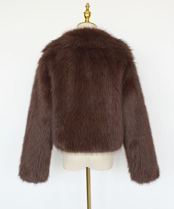 Back view of a short brown faux fur jacket showing plush texture and premium fiber quality
