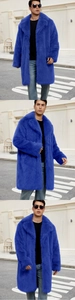 Three-way view of men's bright blue long faux fox fur coat with large lapels on street