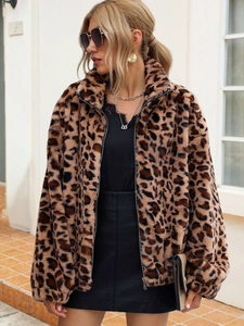 Veste léopard en fausse fourrure pour femme avec col montant et fermeture à glissière