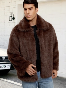 Close-up of premium brown faux fur jacket for men with a wide collar and dense texture
