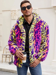 Men's neon faux fur leopard hoodie jacket with colorful thick plush and metal zipper