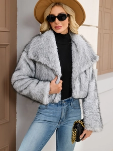 Close-up of women's grey faux fur jacket with wide collar and plush textured material