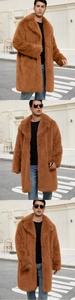 Three views of a men's long faux fur coat in caramel brown with a large lapel collar