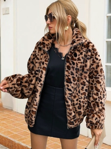 Veste léopard pour femme en fausse fourrure avec col montant et fermeture éclair