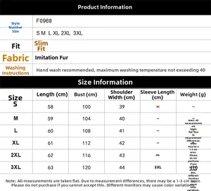 Size chart for faux fur V-neck vest showing measurements from S to 3XL for precise fitment