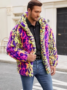 Men's colorful faux fur leopard jacket with hood and warm multicolor plush design