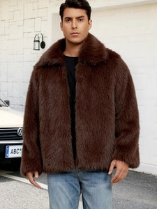 Detailed view of deep brown faux fur jacket showing plush texture and lapel collar design