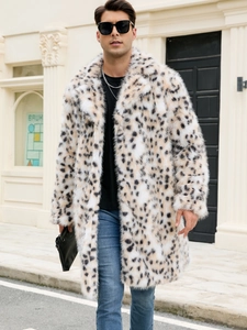 Men's Leopard Print Faux Fur Long Coat Thickened Plush Jacket Fashion Urban Streetwear Winter Overcoat For Men