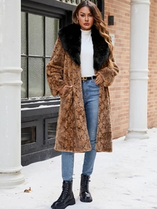 Manteau en fausse fourrure pour femme à imprimé serpent et grand col noir, style urbain d'hiver