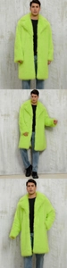 Three-way lookbook view of a bright neon green long faux fur coat for men with lapels