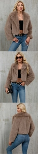 Detailed views showing the plush faux fur texture and oversized collar of the cropped jacket