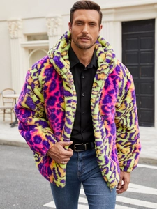 Vibrant colorful faux fur leopard print hooded jacket for men with warm plush texture