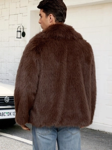 Detail of the thick brown faux fur texture and lapel collar on the men's winter jacket