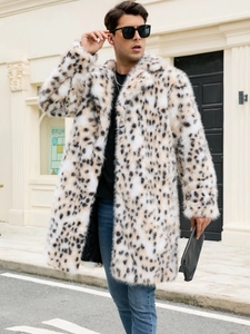 Men's long faux fur coat with classic leopard print and notched lapel for stylish winter wear