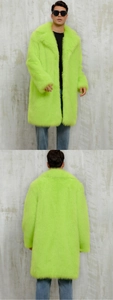 Front and back view of a long faux fox fur coat in vibrant neon green with large lapels