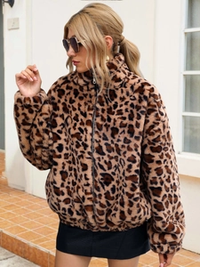 Veste léopard en fausse fourrure pour femme avec col montant et fermeture éclair tendance
