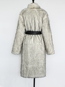 Detail of grey faux fur coat featuring a contrast black wide belt and plush texture