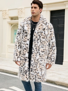 Detail of premium faux fur texture on men's long leopard print coat with plush finish