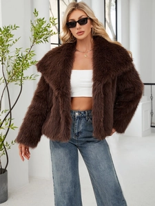 Women's dark brown faux fur jacket with oversized collar for autumn and winter fashion