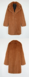 Detail of caramel brown faux fox fur coat with notched lapel and black inner lining