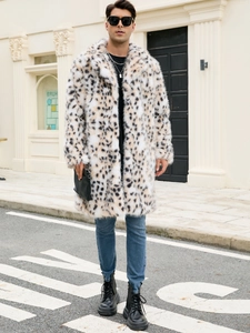 Men's long leopard print faux fur coat with oversized lapel in high street style