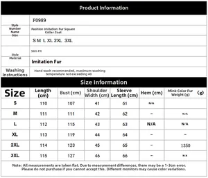 Size chart table with measurements for faux fur winter coat in sizes S to 3XL