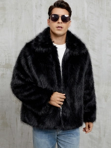 Close-up of premium black faux fur texture and large lapel collar on men's winter jacket
