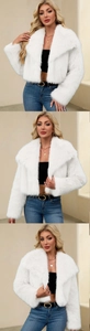 Detail of white faux fur texture on a short cropped jacket with wide lapels for women