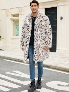 Men's long faux fur coat with leopard print and oversized lapel for street style