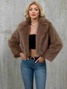 Short brown faux fur jacket for women with large lapels and plush luxury texture
