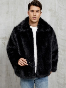 Close-up of premium black faux fur texture and lapel detail on a stylish men's coat