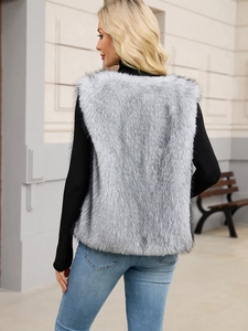Detailed back view of a silver-grey faux fox fur vest with black tips for women