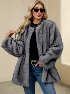 Deep grey faux fur plush coat with oversized fit and luxury texture for women