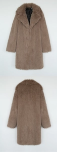 Detail of faux fox fur texture and inner black lining on brown winter long coat