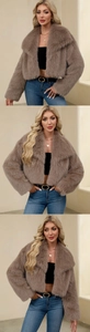 Detail view of a taupe faux fur jacket featuring a plush lapel collar and soft fuzzy texture